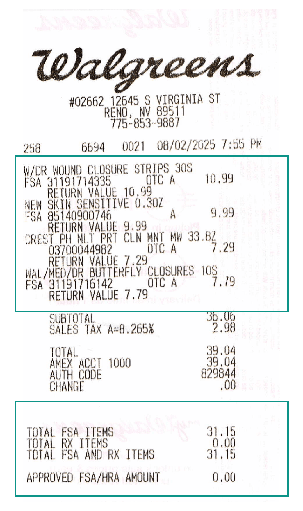 Walgreens receipt showing FSA flag on line items and TOTAL FSA ITEMS summary