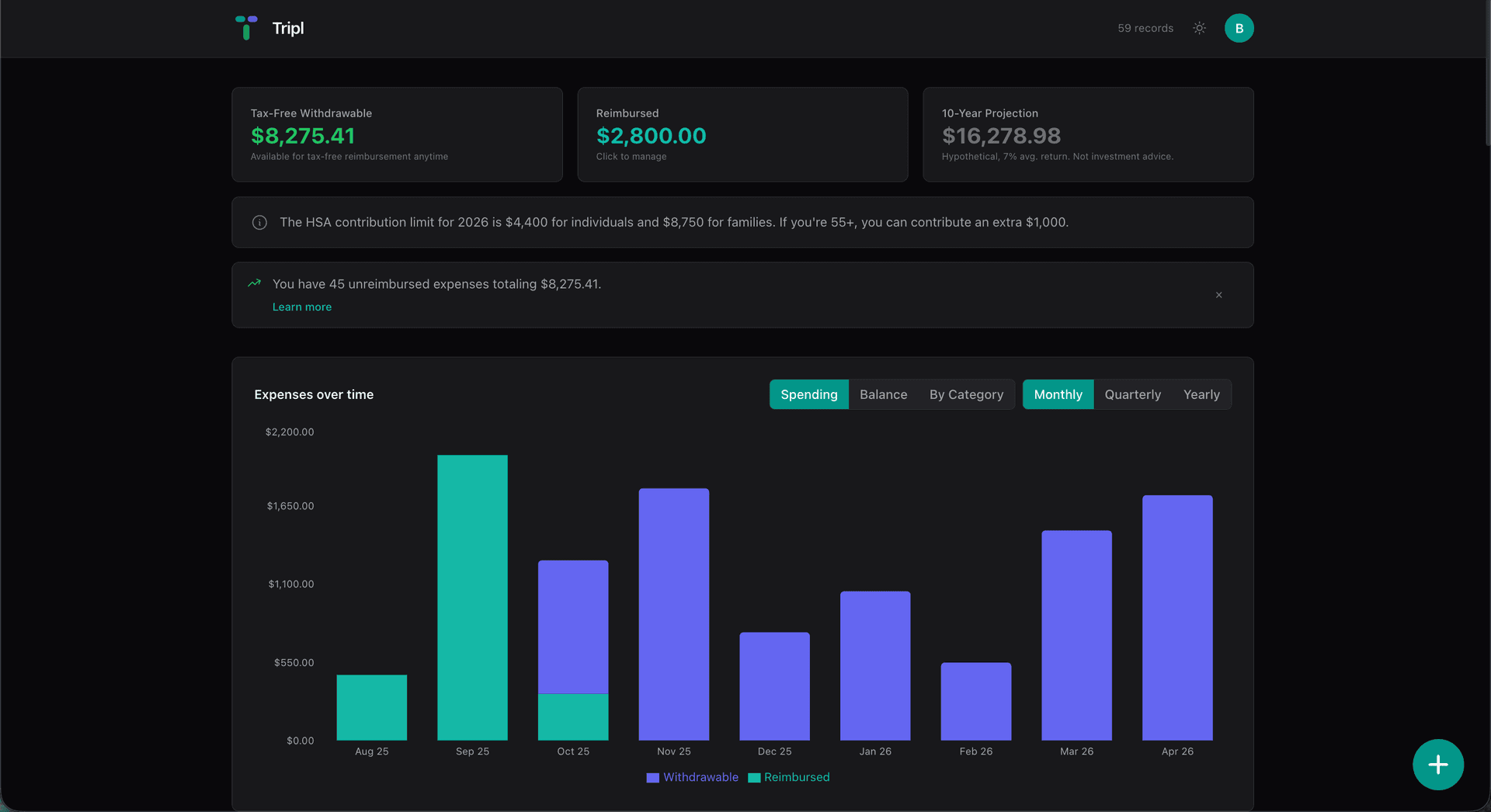 Your tax-free withdrawable amount and reimbursed totals at a glance