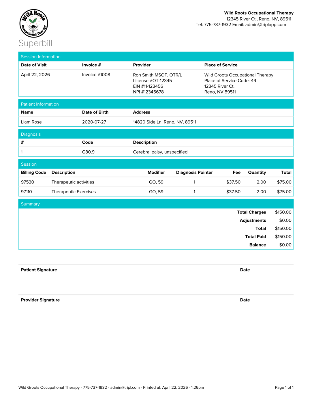 Sample superbill receipt with provider, billing codes, and total charges itemized