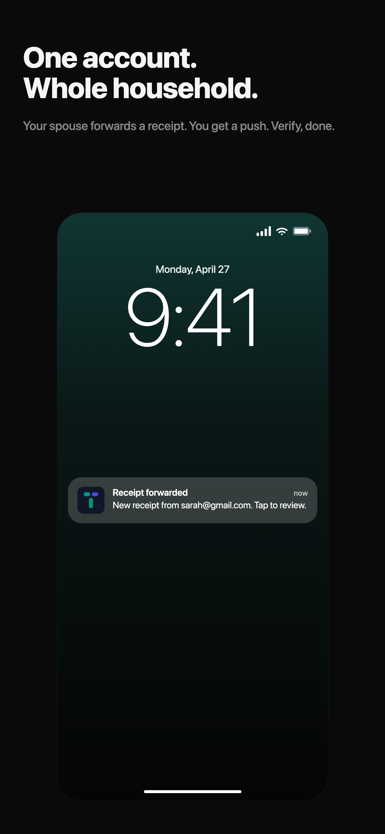 Tripl iOS app lock screen with a push notification for a receipt forwarded from a linked email